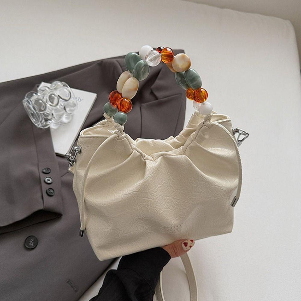 Tote Bag Beading Handle Shoulder Bag Crossbody Bag Women's Shoulder Bag Cute Silver PU Bag  Travel