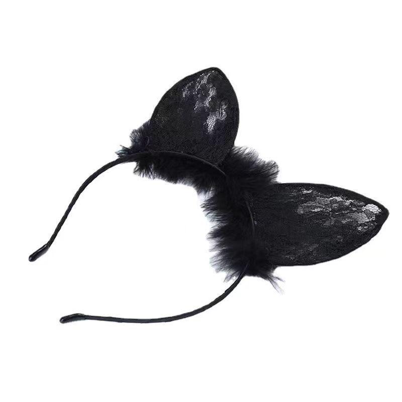Black Feather Lace Cat Ear Headband - Cute & Elegant Headdress for Parties & Performances