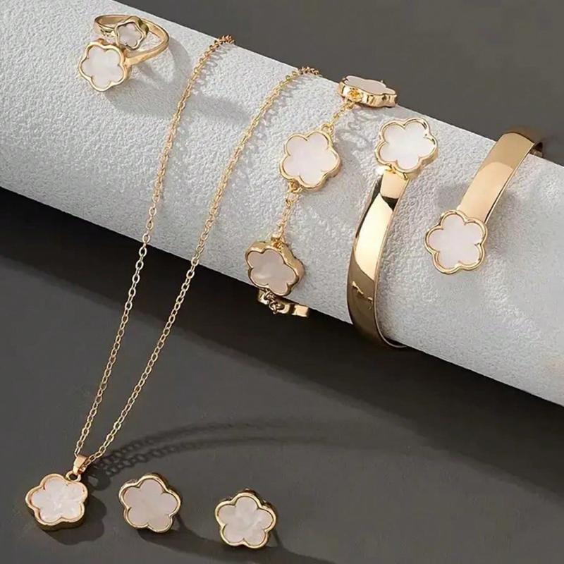 6pcs/Set Women's Same Color Lucky Flower Decoration Accessory Combination 1 Pair Of Earrings 1 Necklace 1 Bracelet 1 Bracelet 1 Ring Set Suitable