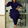Autumn new fashion temperament slim-fit round neck seven-quarter sleeve ruffle edge dress