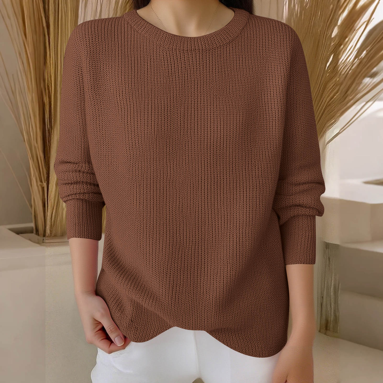 

Пуловеры с длинным рукавом для женщин, с круглым вырезом, повседневные, милые, с принтом, вязаные, оверсайз S кофейный