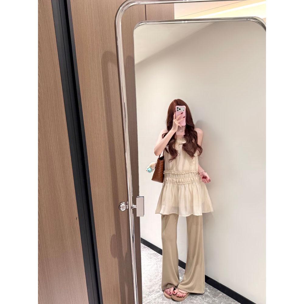 Lace Spliced A-Line Skirt & Camisole Pleated Dress - Slim-fit, Cinched Waist, Layered Vacation Style