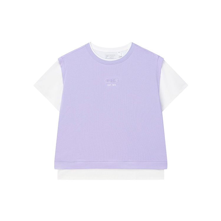 FILA Color Block Fake Two-Piece Round Neck Short Sleeve T-Shirt Women Tops Mousse-Purple F11W229114FVT