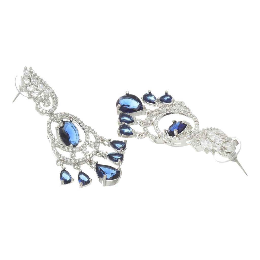 Rhodium-Plated American Diamond Studded Oval & Leaf Shaped Drop Earrings For Girls and Women