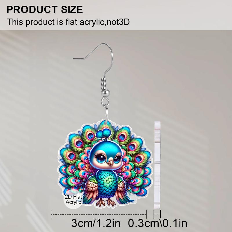 2D Flat Acrylic Diwali Cartoon Colorful Peacocks Double-sided Pattern Earrings Jewelry Gift for Women Female