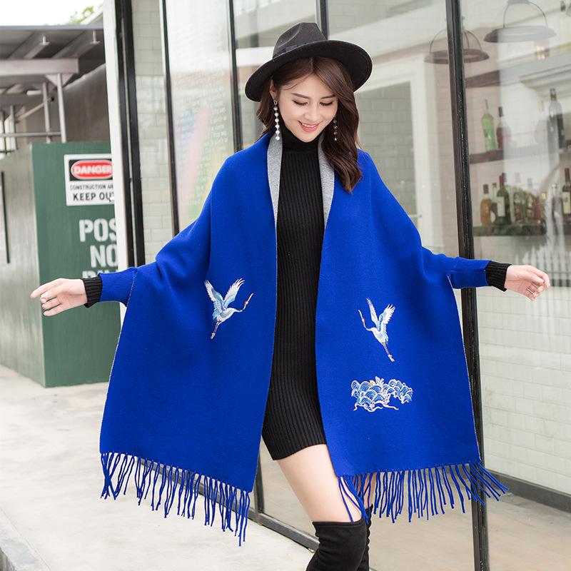 Women's cape shawl with sleeves for autumn and winter, thickened and warm, cashmere embroidered scarf, knitted cape, dual-use coat