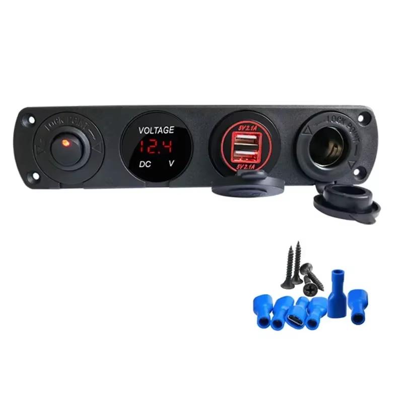 4 in 1 Marine Switch Panel 12V Dual USB Charger Socket Power Outlet LED Voltmeter Cigarette Lighter Socket ON Off Button Switch