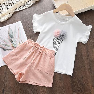 Hot-Selling Children's Clothing Ice Cream Print T-Shirt + Shorts Girls' Set
