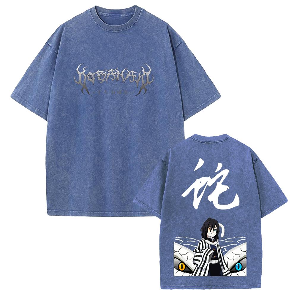 Iguro Obanai Demon Slayer Clothing Men Women Oversized T-shirts Short Sleeve Washed T Shirt Vintage Cotton Tshirt Harajuku Tops