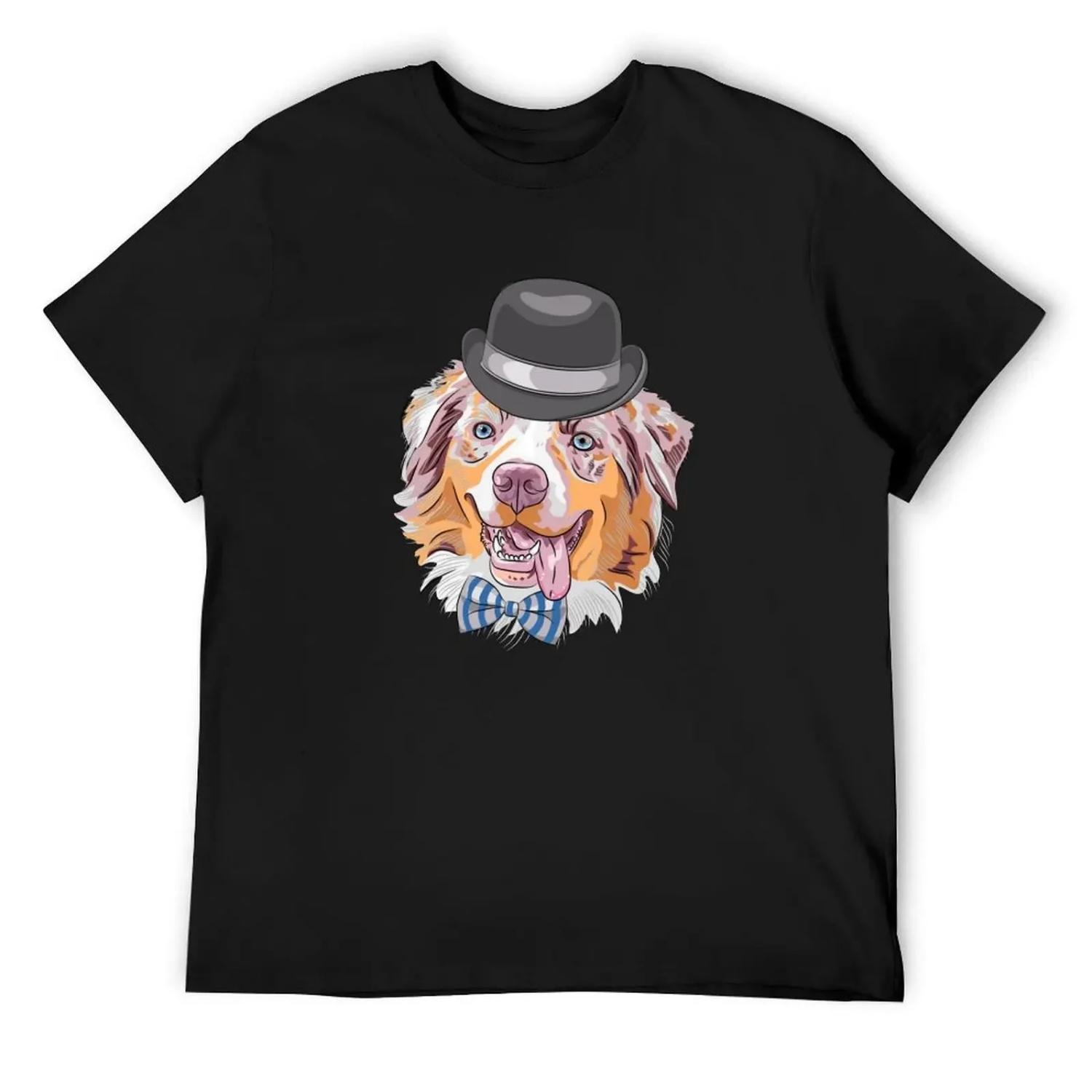 

Cute dog aussie blue merle with top hat and bow tie, Australian shepherd T-Shirt funny costumes shirts men graphic S