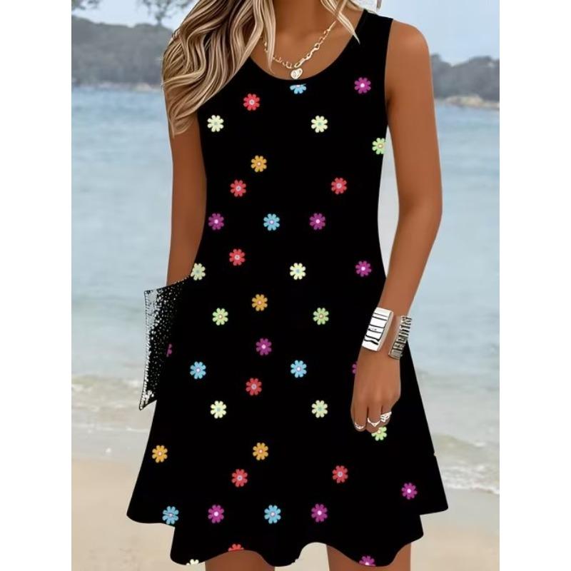 Women's Wave Grid Printed Sleeveless Round Neck Dress Loose Soft and Comfortable Plus Size Dress