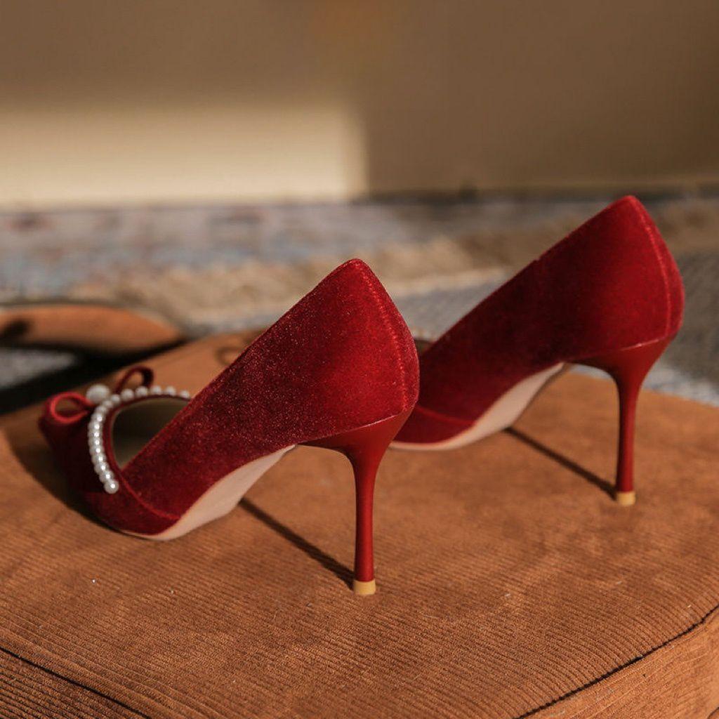 Red Wedding Shoes Xiuhe Suit High Heels Versatile Bow Single Shoes Stiletto Bridal Wedding Shoes New