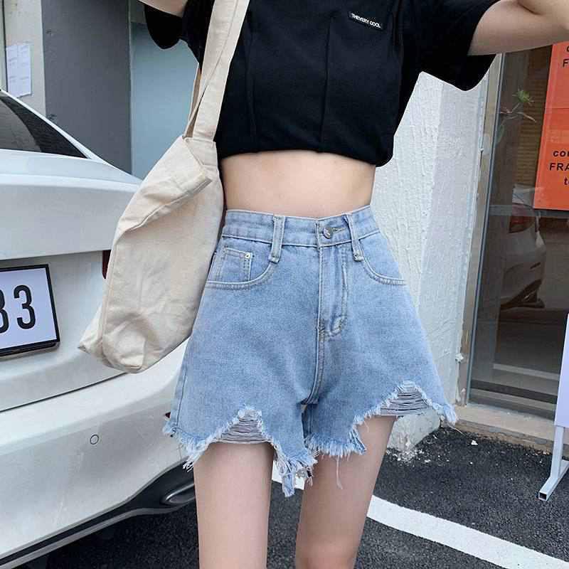 Pantaloncini di Jeans Neri a Vita Alta Comodi Skinny alla Moda e Versatili da Donna Sezione Sottile Gamba Larga Larghi Sottili con Bordo Grezzo Estivi