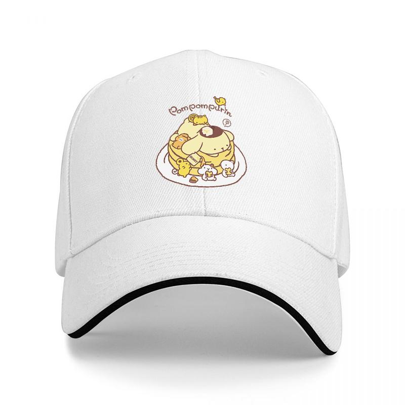 Pancake Cat Baseball Cap Featuring Adorable Cartoon Character with Honey and Flowers Design on Black Hat with White Trim