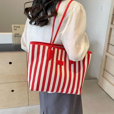 Zipper Shoulder Bag Large Capacity Shopping Handbag Cute Stripe Canvas Tote Bag Travel