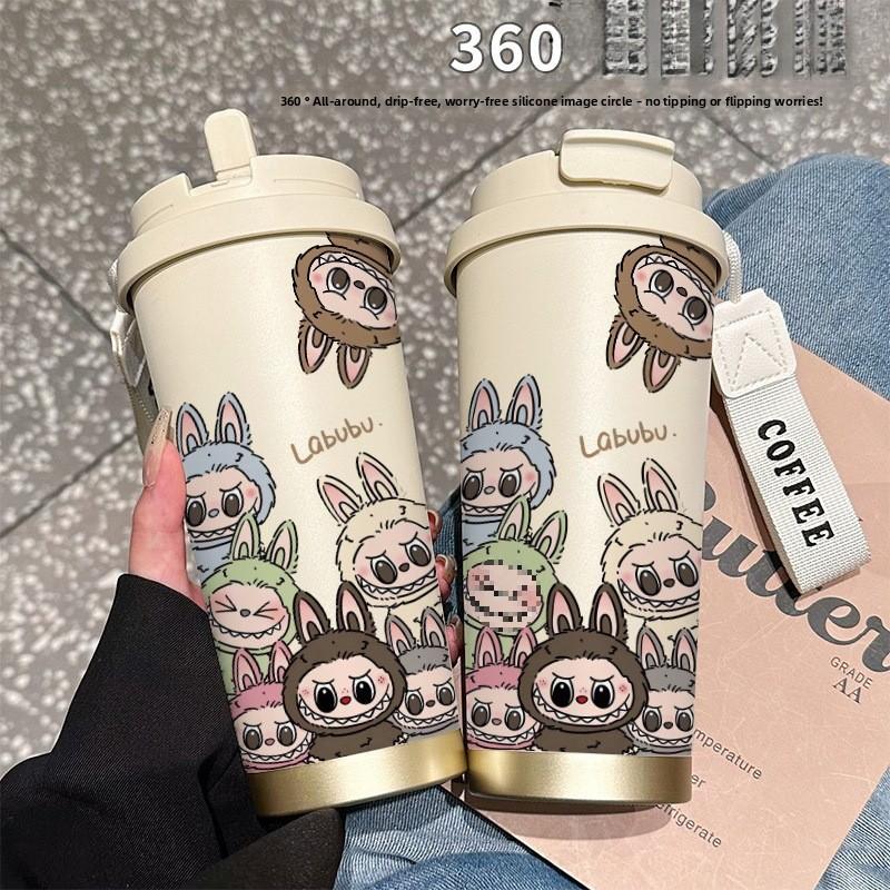 Large-capacity Stainless Steel High-value Double-drink Thermos Cup, Seven Straws, Car Coffee Cup, Cute