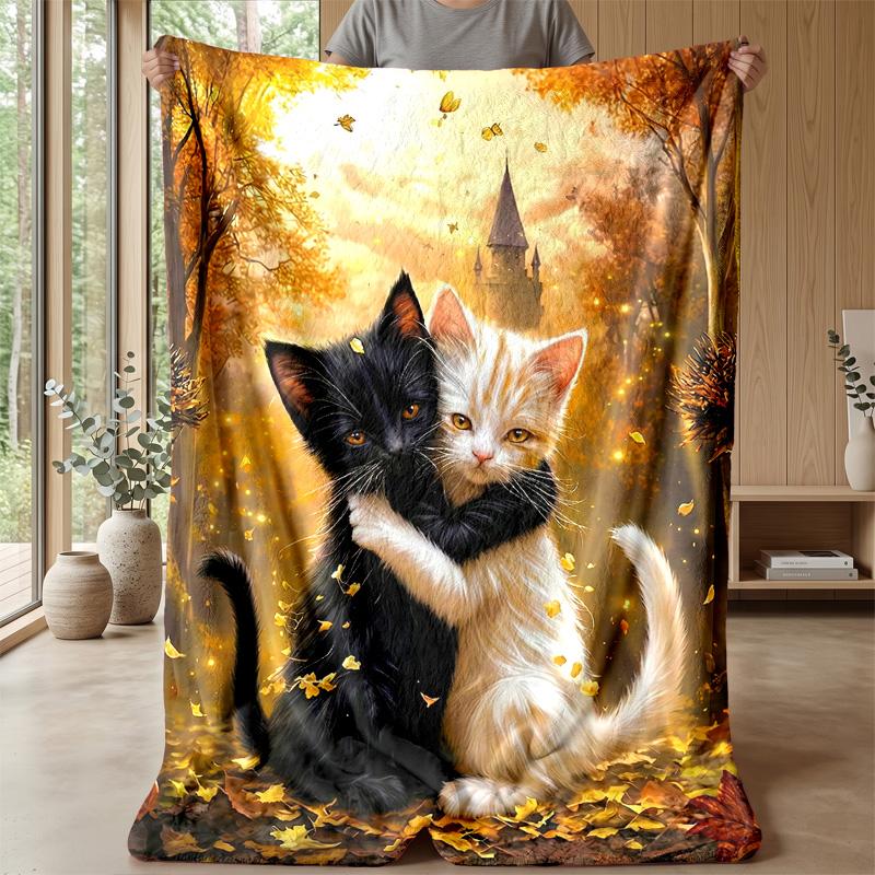Kittens Hugging in Autumn Theme blanket Lightweight Warm Flannel Blanket Decorative Throw Blanket for Home Decoration