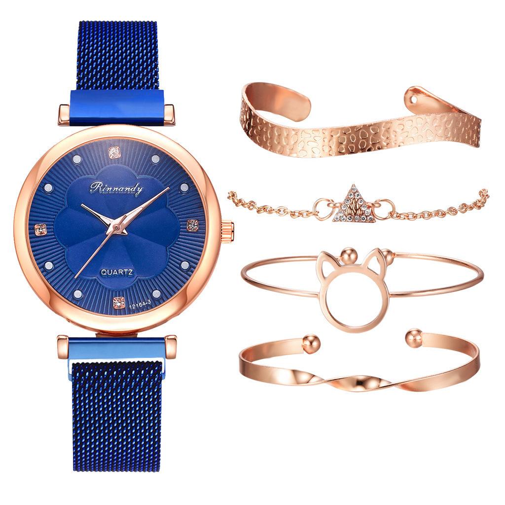 5Pcs/set Women's Simple Mesh Belt Magnet Quartz Watch + Bracelet Set Quartz Watch