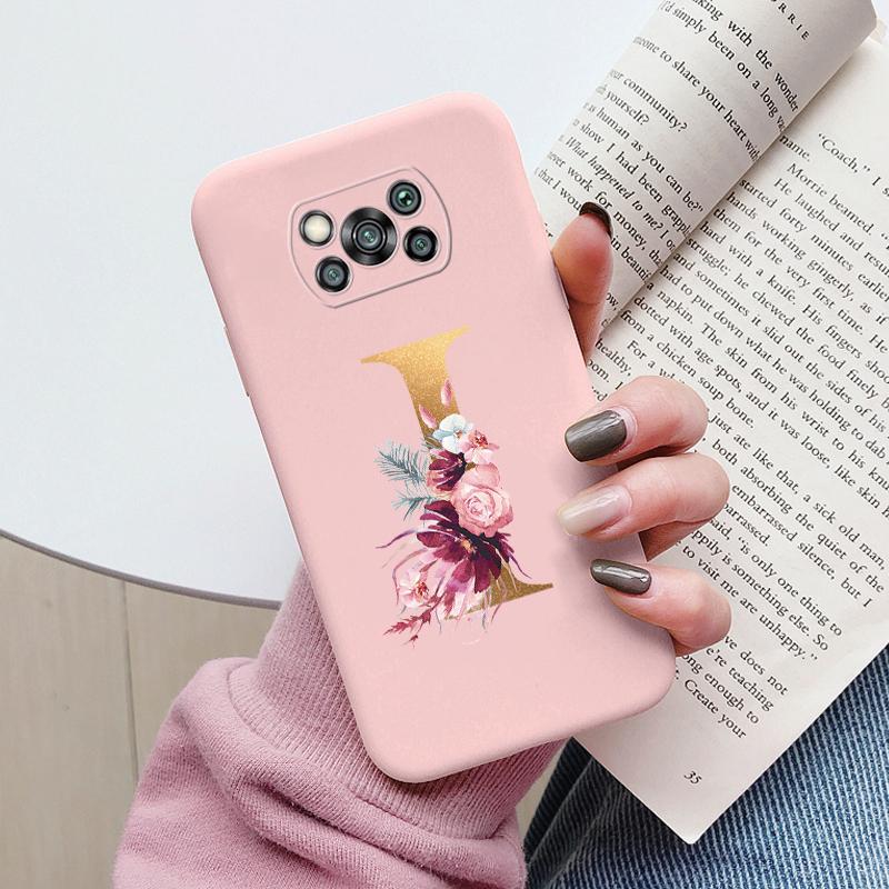 Letter Case For Poco X3 NFC PocoX3 Pro Back Cover Retro Flowers Pink Black Soft TPU Initial Fundas For Xiaomi Poco X 3 Pro Coque