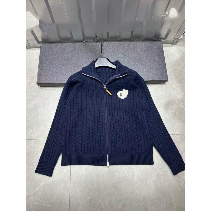 Miu Style 2025 Autumn/Winter Color Block Embroidery High Neck Cable Knit Elegant Cardigan