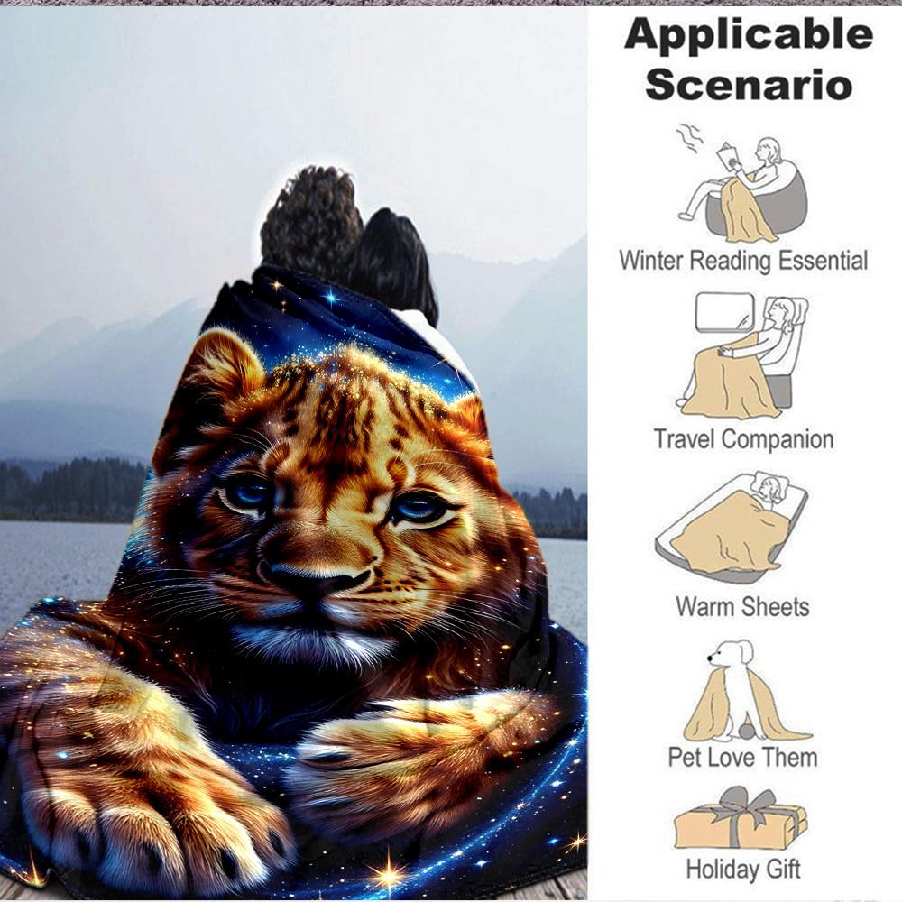 1pc Lion Cub Print Blanket Lightweight Flannel Blanket Throw Blanket For Sofa, Bed, Travel, Camping, Livingroom, Office, Couch, Chair, And Bed yy25101