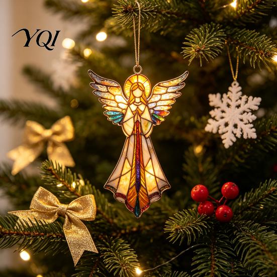 Tree Hanging Charms for Teachers Stained Glass Style Angel Ornament, 2D Acrylic Christmas Holiday Reunion Party Favors Decoration with Gold