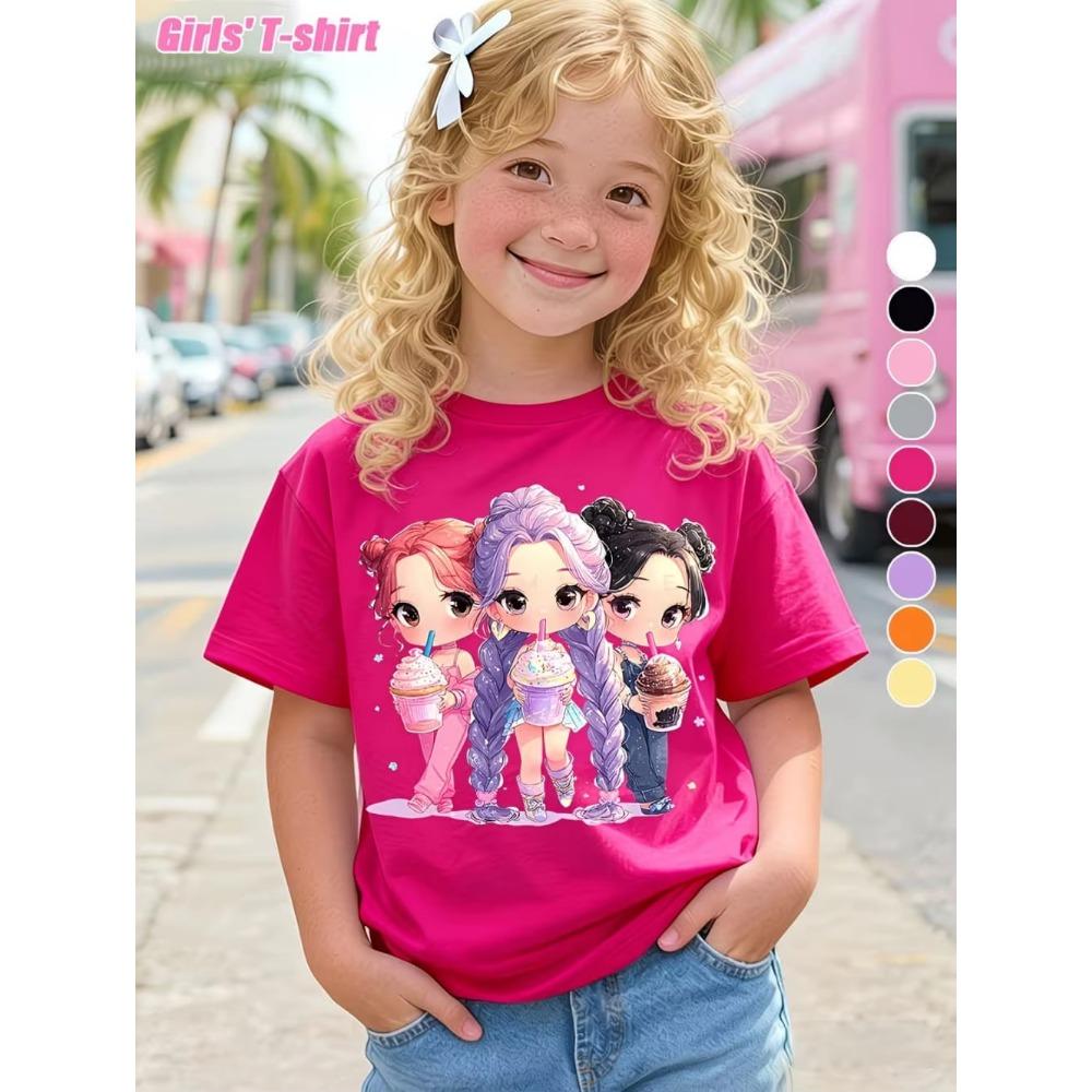 Children's Kpop Popular Cartoon Print T-Shirt Tops Clothing Design Casual Harajuku Style Round Neck Short Sleeve Girl Clothing