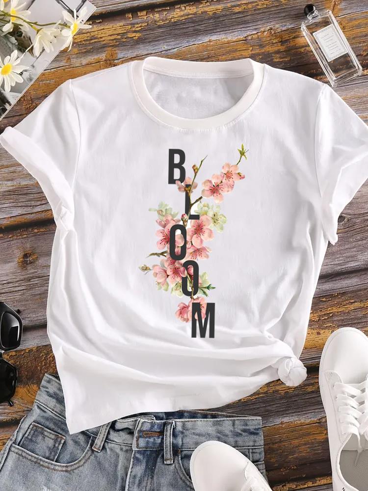 (Asian Size)  Tee Women Clothing Flower Lovely Trend Cute Casual Top Short Sleeve T Shirt Fashion Print Lady Female Graphic T-shirts