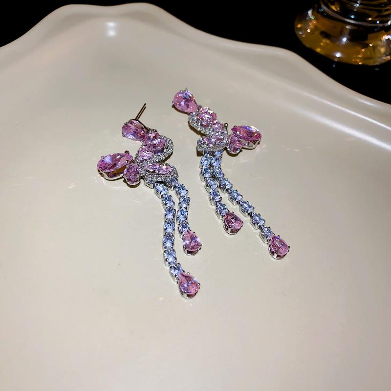 

Silver needle zircon butterfly tassel earrings Korean light luxury high-end earrings niche sweet temperament earrings women