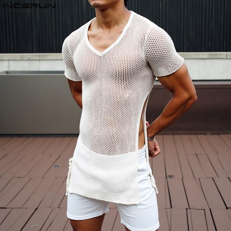 

INCERUN Summer Men Short Sleeve Hollow See Through Long Beach Tank Tops S білий