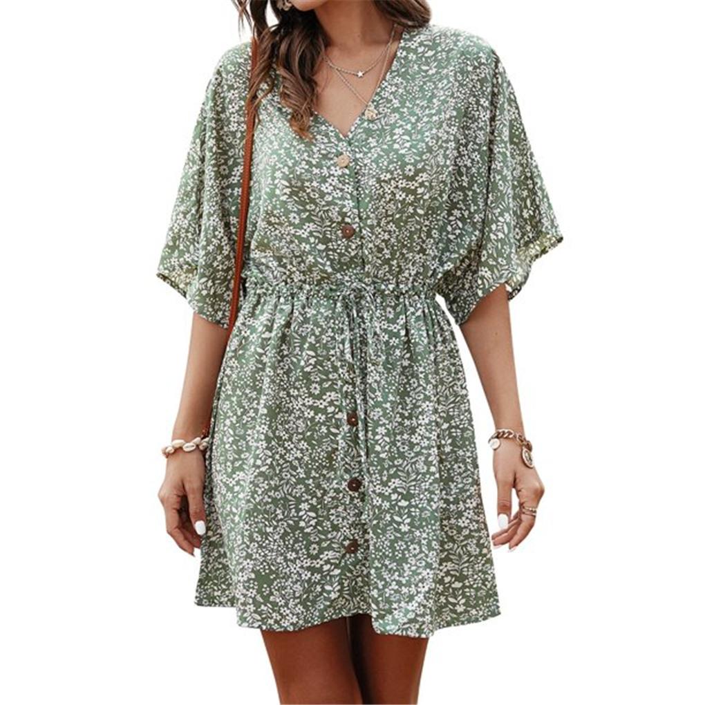 ZXZY Vestido de Mujer Estampado con Botones y Lazo en la Cintura de Manga Corta