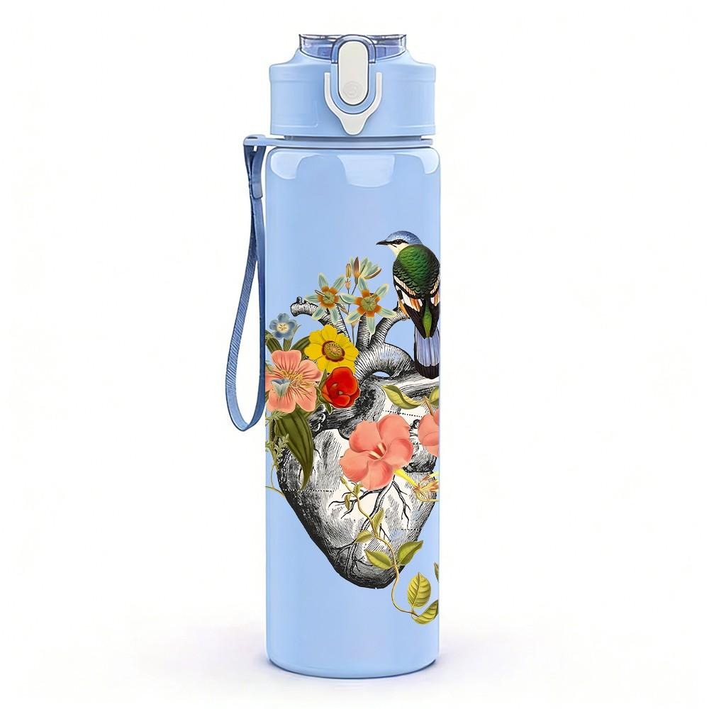 1PC Vintage Human Heart Mixed Floral Plant Bird 750ml Color Plastic Sports Water Bottle Leakproof Flip Straw Lid Suitable for Sports Office Home Use
