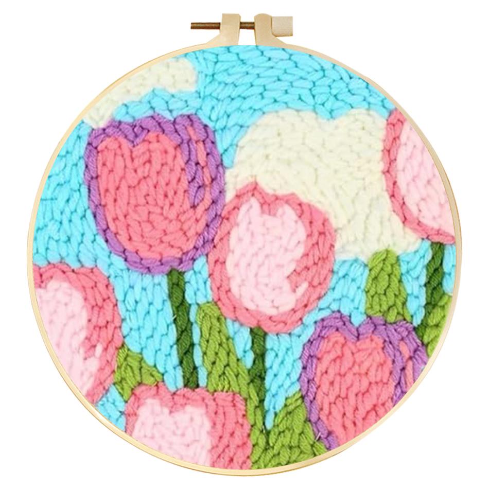 CHENISTORY DIY Punch Needle Embroidery Kit Tulip Flower Pattern with Embroidery Hoop for Beginners Adults Home Wall Decor Gift