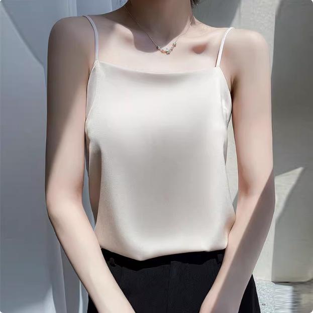 2025 Women's White Satin Camisole Tank Top: Elegant Back Design, Imitation Silk Summer Innerwear