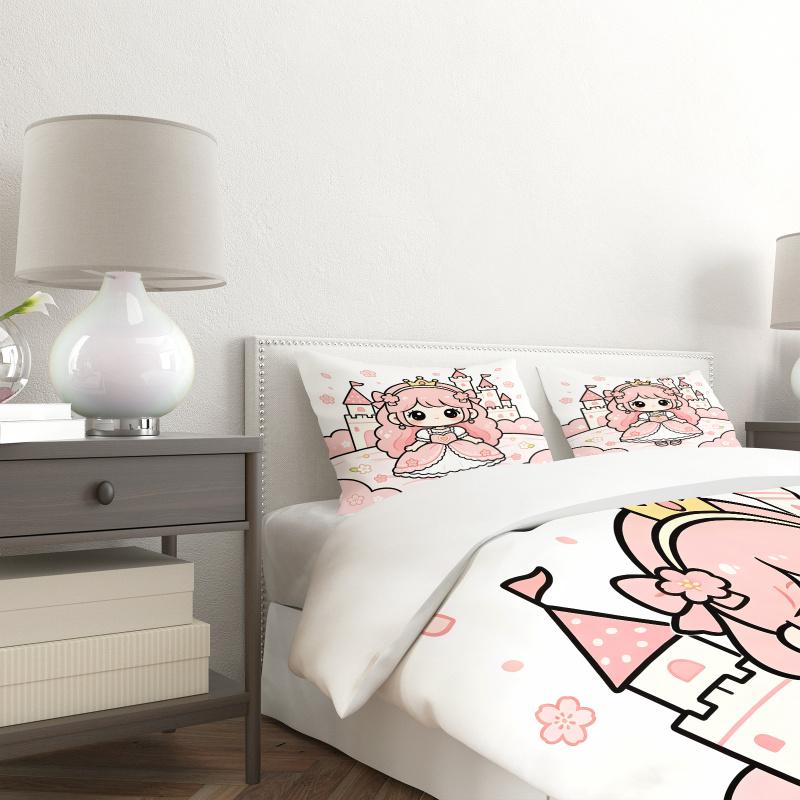Pink Cartoon Princess Castle Floral Duvet Cover Set Comforter Cover Bedding Set No Filler HD Print Soft Bedroom Bed Cover