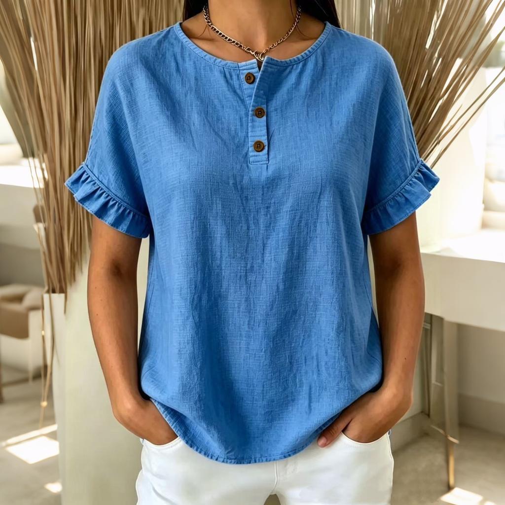 Women Loose Fit Short Sleeve Blouse Ruffle Trim Button Front Top Casual Lightweight Summer Shirt
