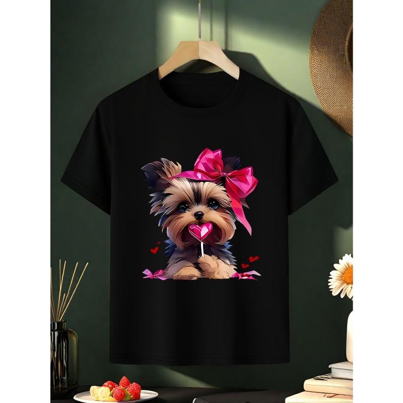 European sizes Girls' Yorkshire Terrier Puppy T-Shirt - Soft Summer Top with Yorkie Dog & Bow Print, Round Neck Casual Blouse for