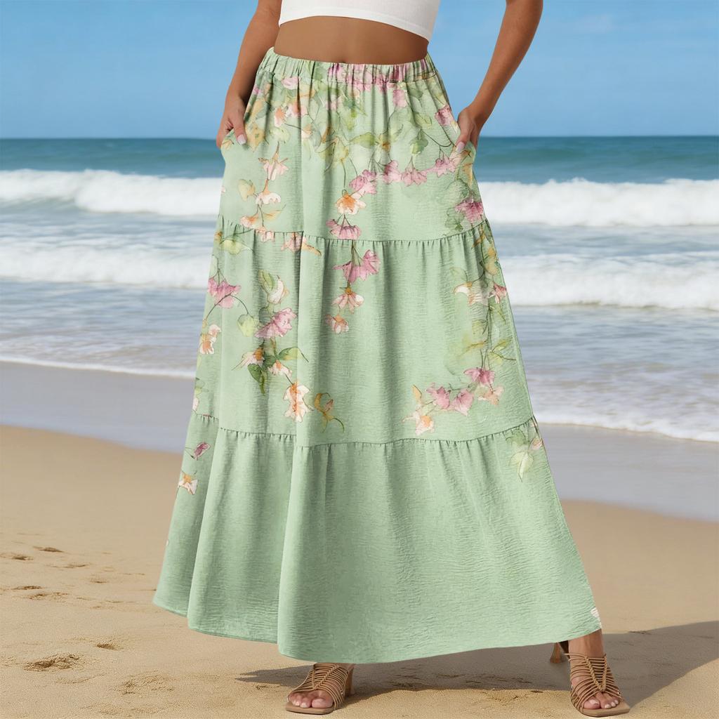 Women's Casual High Waist Drawstring A-line Skirt Color Skirt With Pockets