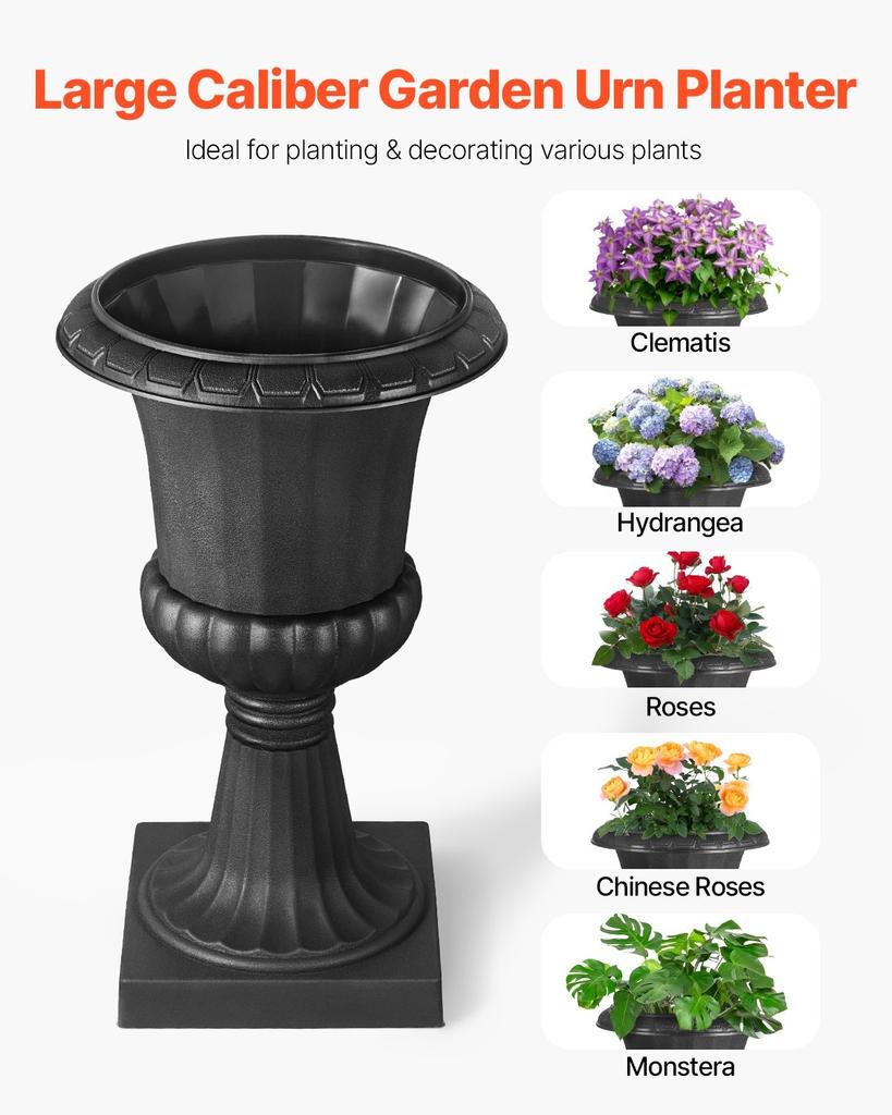 Plastic Urn Planters, 40 X 67 Cm, 2 Pack Black Classic Flower Pots Front Porch Planters, Indoor & Outdoor Vase for Wedding, Party, Event, Home, Stage,