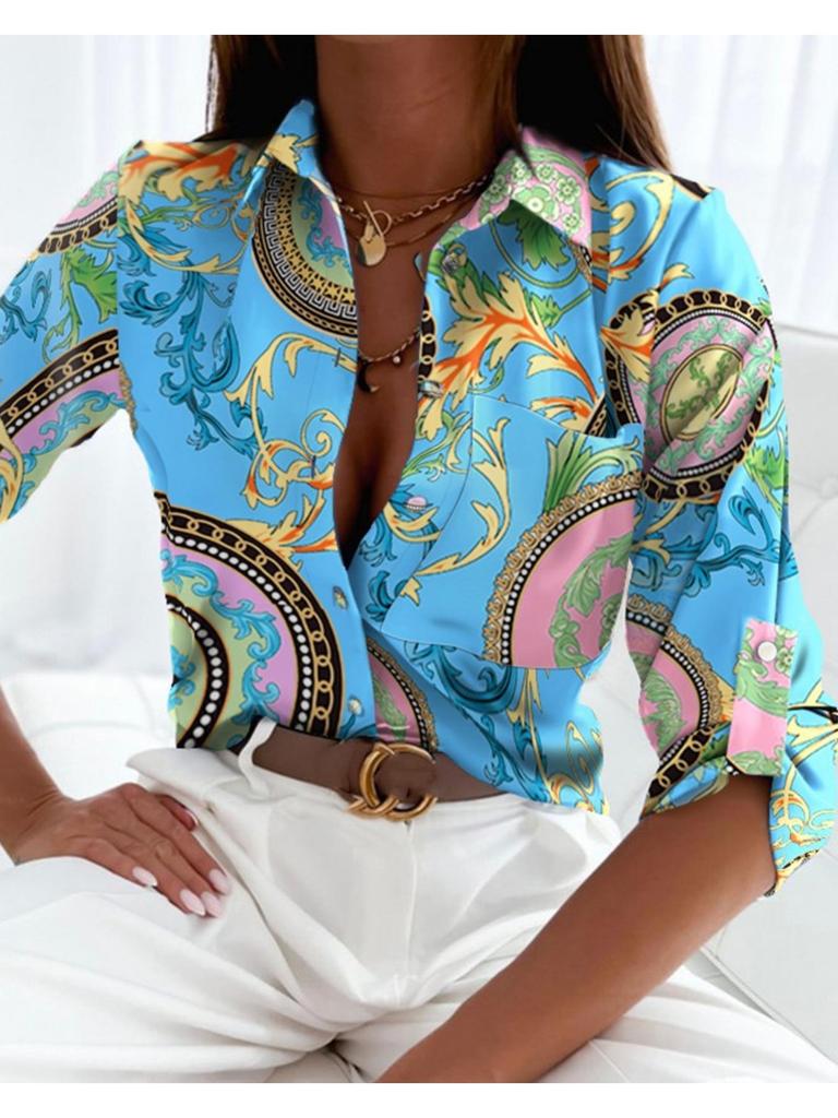 Turn-down Collar Printing Long Sleeve Shirts Women Button T Shirt Female Blouses Casual Top