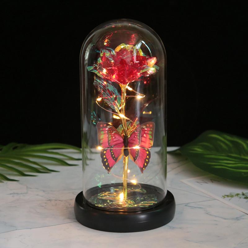 Eternal Rose Glass Cover Ornament Christmas Valentine's Day Gift LED Butterfly Atmosphere Light Window Decoration