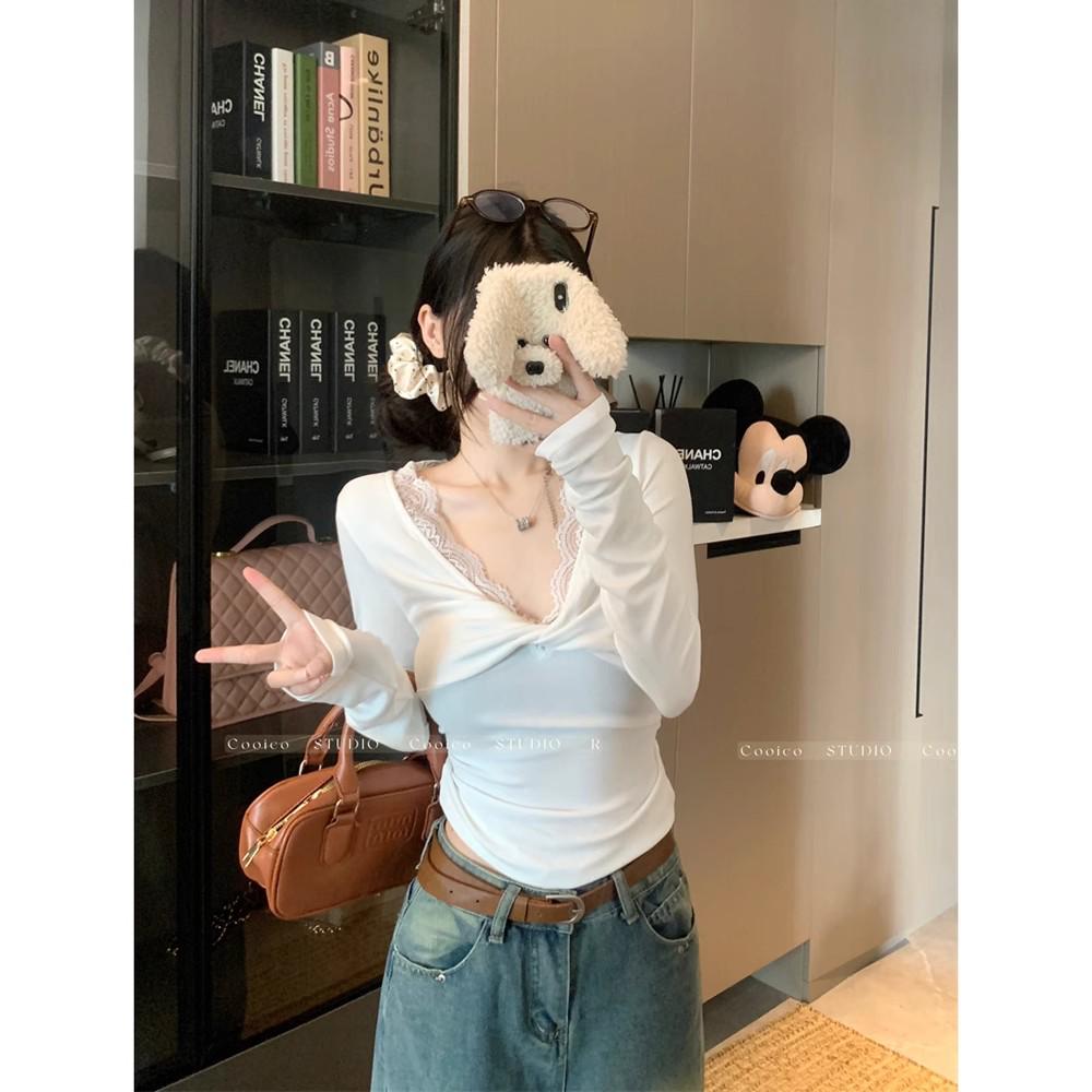 

Шикарная кружевная футболка с V-образным вырезом и длинными рукавами для женщин - Элегантный белый базовый слой для осени/зимы Large белый