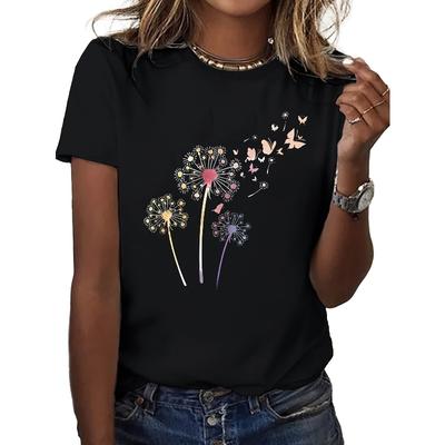 European Sizes Women's Casual Short Sleeve Round Neck T-Shirt with Dandelion & Butterfly Print - Spring Summer Blouse, Opaque Machine-Washable Top