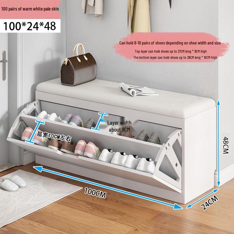 Shoe Storage Bench with Flip-Top Cabinet and Integrated Stool for Entryway