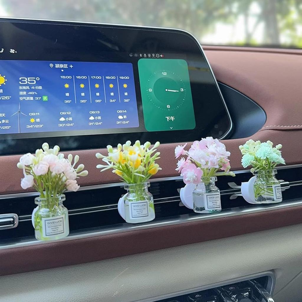 Set Of 4 Cute Flower Bouquet In Glass Vase Car Air Freshener Vent Clips, Mini Artificial Flowers For Car Air Vent Decoration, Auto Interior Dash