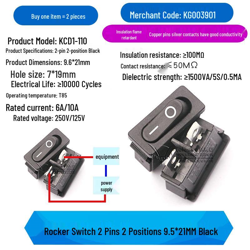Thin Flat KCD1-110 Rocker Switch, 2 Pin Positions, Red/Black, 6A, 250V, 9.5x21mm