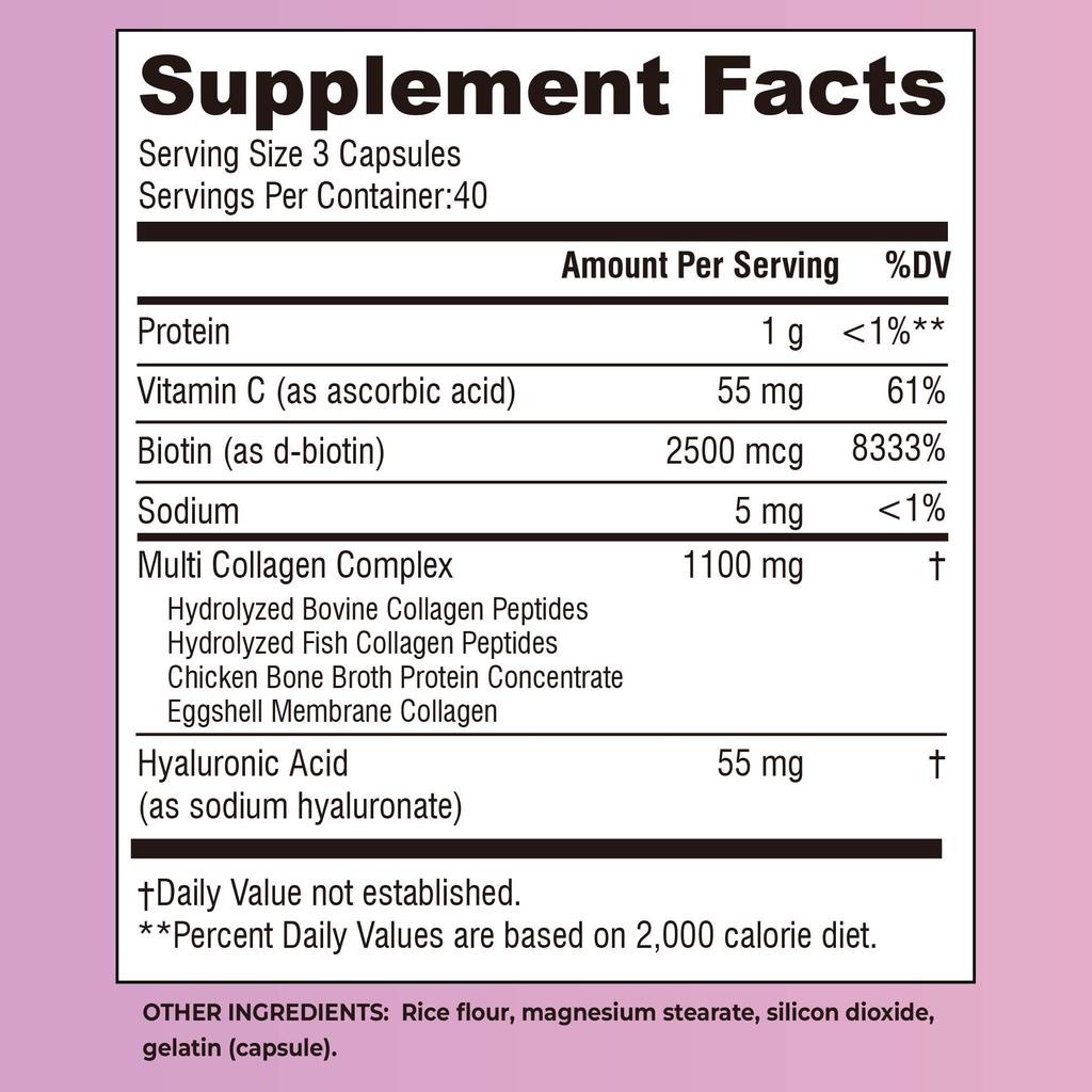 Collagen capsules containing biotin, vitamin C, and hyaluronic acid help maintain skin elasticity and support healthy hair, nails, and joints.