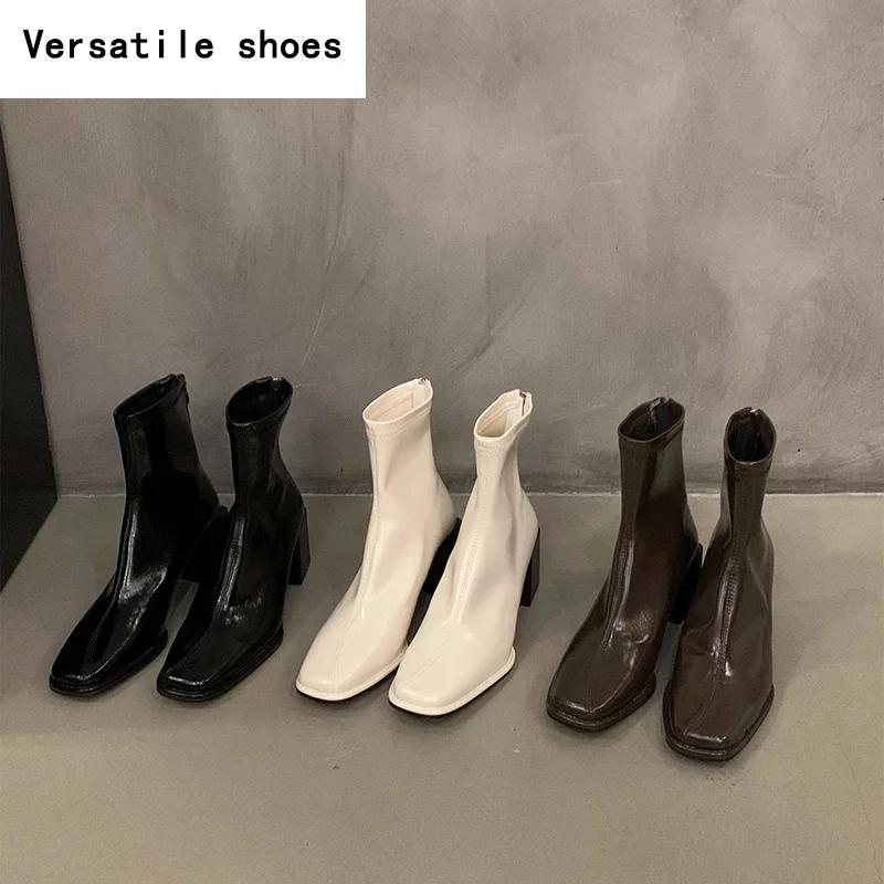 Women Ankle Boots Fashion Square Toe Back Zippers Shoes Vintage Square Heels Autumn Winter Ladies Short Booties