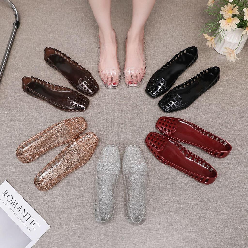 Damen Sommerschuhe im koreanischen Stil, durchsichtige Jelly-Flats mit eckiger Spitze - Hohl geschnittene Slip-Ons, Kristallschuhe