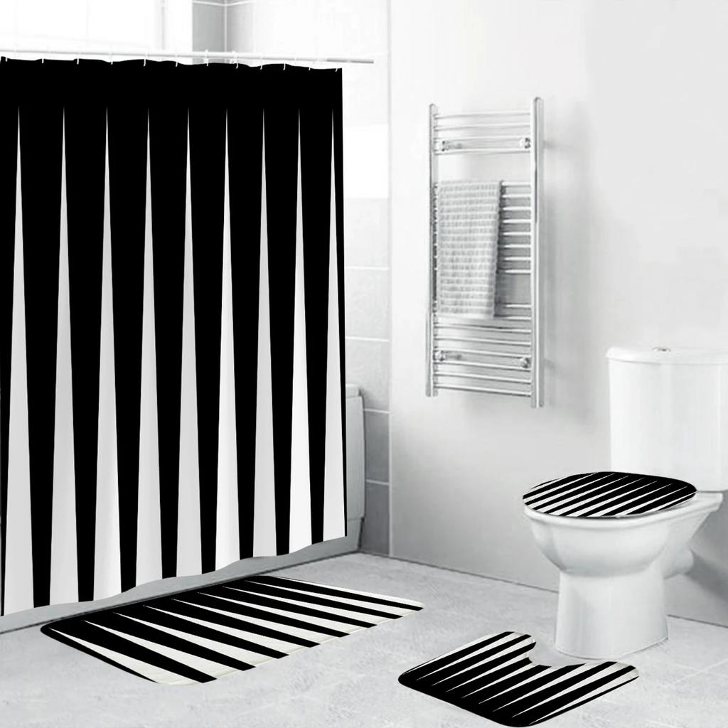 Black White Geometric Stereoscopic Fabric Shower Curtain Bathroom Curtains Set Anti-Skid Rugs Toilet Lid Cover Bath Mat Carpet